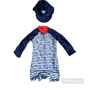 Baby One Piece Swimsuit with Sun Hat. 0-3 Months. Blue, Red, Whit…